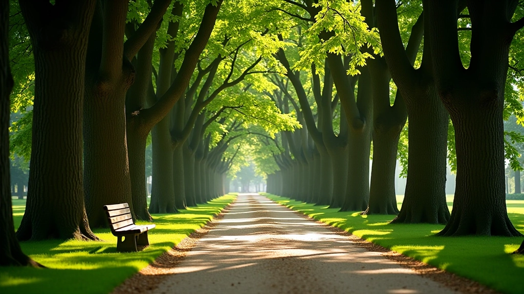 Majestic oak tree alley in Mežapark with centuries-old trees, dappled sunlight, peaceful atmosphere, few visitors