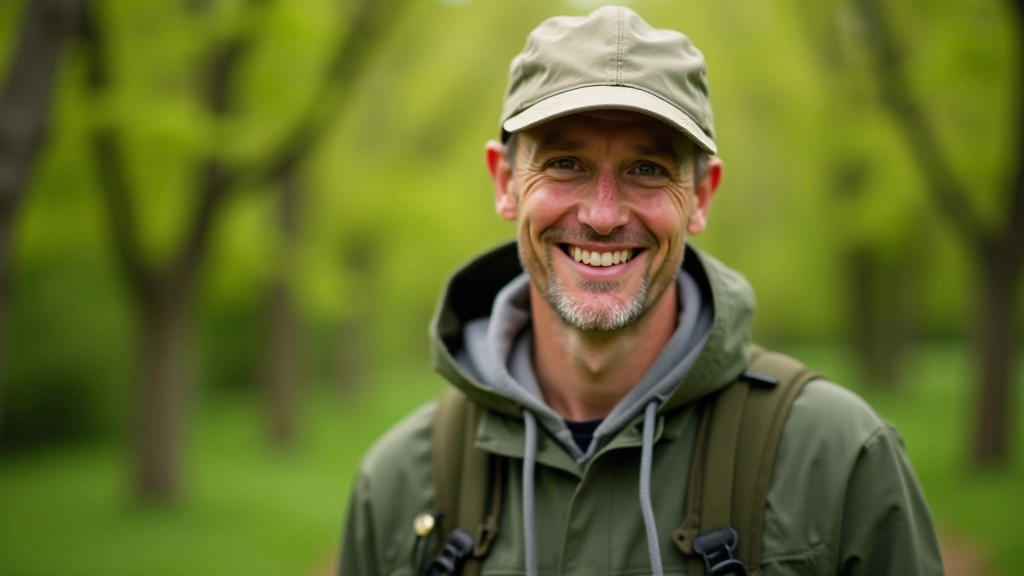 Nature guide educator, portrait from chest up, outdoor clothing, park background, sharp focus