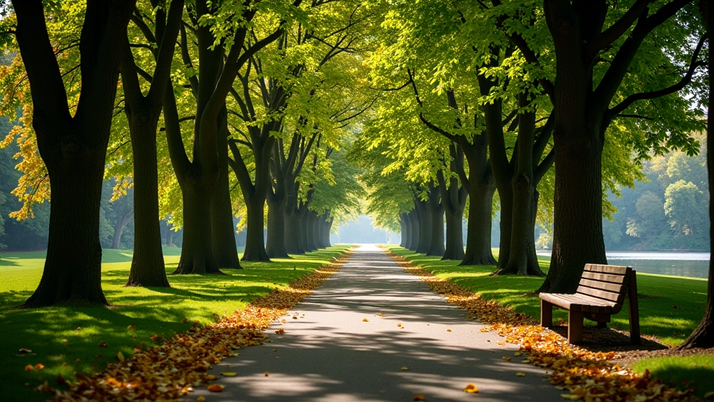 Quiet tree-lined path with autumn leaves, bench overlooking Daugava river, peaceful solitude