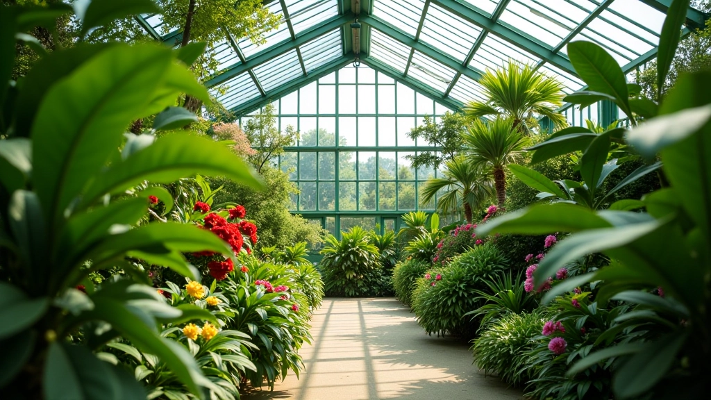 Botanical garden greenhouse with tropical plants and flowers, peaceful indoor environment